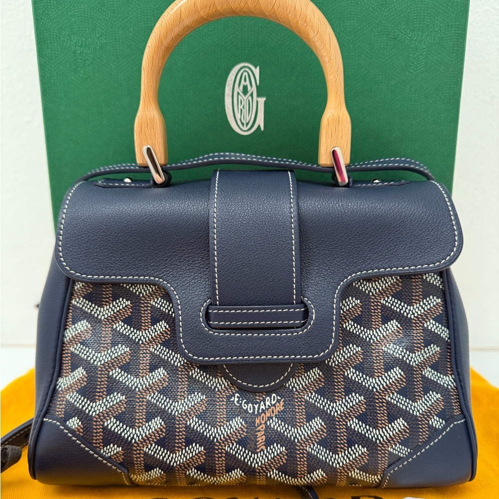 NEW Goyard Saigon Souple Mini Bag Navy Blue Goyardine Palladium Top Handle Bag - Picture 3 of 13